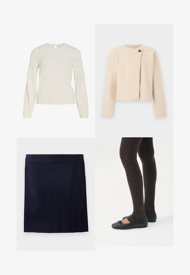 Veste courte en laine de couleur crème avec manches longues et fermeture asymétrique à l'avant, fixée par un seul gros bouton marron.; Blouse blanche texturée à manches longues avec col rond, légère fermeture par bouton avec ouverture en forme de trou à l'arrière et détails subtils de tissu froncé.; Object OBJTHESS - Minijupe - sky captain; Jambes portant des leggings côtelés foncés associés à des ballerines noires avec de petits détails en nœud sur fond blanc.