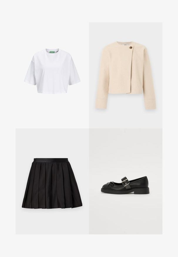 Kremfarvet cropped uldjakke med lange ærmer og asymmetrisk frontlukning, der lukkes med en stor brun knap.; Hvid cropped t-shirt lavet af bomuld, med korte ærmer og rund hals. Grøn label indeni med synligt mærkenavn.; Sort plisseret nederdel med bredt taljebånd, klokkeformet design og jævnt fordelt lodrette folder, lagt fladt på en lysegrå baggrund.; Sort læder Mary Jane-sko med rund tå, ankelrem og sølv spænde detalje. Har en flad, chunky sål og en sløjfe akcent.