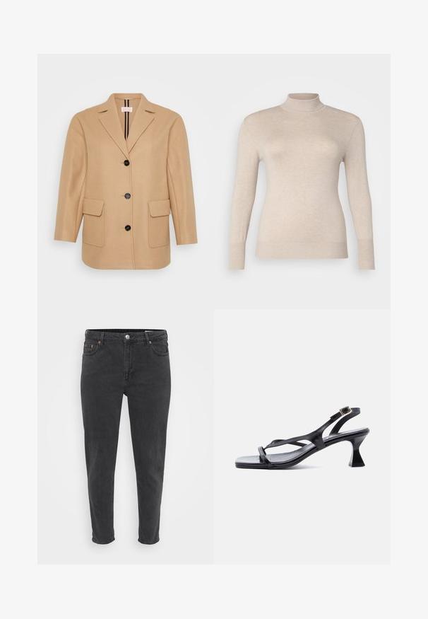 Beige Wollmix-Blazer, taillierter Schnitt, Reverskragen, schwarze Knöpfe, zwei Fronttaschen und gestreifte Innenauskleidung.; Beige Rollkragenpullover aus einem weichen Stoff, mit langen Ärmeln und gerippten Bündchen. Glatte Textur ohne Muster oder Verzierungen.; Schmal geschnittene schwarze Jeans aus Denim mit vorderem Knopf und Reißverschluss, Gürtelschlaufen und fünf Taschen, auf einem schlichten hellen Hintergrund präsentiert.; Schwarze Ledersandale für Damen mit dünnen Riemen, quadratischer Spitze, verstellbarer Schnalle am Knöchel und ausgestelltem, mittelhohem Absatz.