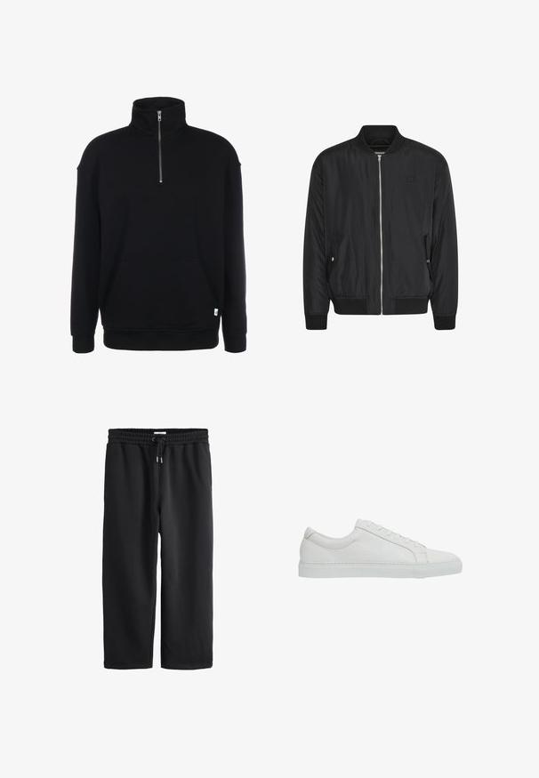 Schwarze Bomberjacke mit Reißverschluss vorne, gerippten Bündchen und Saum, seitlichen Taschen und einem dezenten Logo auf der Brust. Glatte Stofftextur.; Schwarzer Sweatshirt mit Zip-Kragen, langen Ärmeln, weicher Textur, einer Fronttasche und einem kleinen grünen Logo am Saum.; Schwarze, locker sitzende Sweatpants mit elastischem Bund und Kordelzug, geraden Beinen und Seitentaschen.; Reiss REGULAR FIT - LUCA TUMBLED - Sneaker low - white
