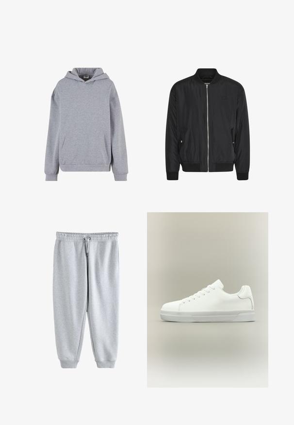 Must valdus bomber-jakk, millel on lukuga esiosa, ribatud mansetid ja vöökoht, küljetaskud ning diskreetne logo rinnal. Sile kangateks.; Helehall halli pullover kapuutsiga, pikkade varrukatega, eesmine kängurutasku ja soonikkoes mansettidega valgel taustal.; Heledat hallid dressipüksid elastse vöökoha, paela, küljetaskute ja soonikkoes ääristega pahkluudel.; Valged madalad spordijalatsid eespaela kinnitusega, pehmendatud kraega ja tekstureeritud kummist tallaga, näidatud küljeprofiilil neutraalsel taustal.