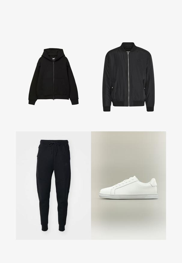 Veste bomber noire avec fermeture éclair sur le devant, poignets et taille côtelés, poches latérales, et un logo subtil sur la poitrine. Texture de tissu lisse.; Sweat à capuche noir zippé avec capuche, deux poches avant, manches et ourlet côtelés. Fabriqué en tissu doux avec un design minimaliste et un détail de logo subtil.; Joggings noirs en tissu doux, avec une taille à cordon, des jambes fuselées et des poches latérales au design élégant.; Baskets blanches basses à lacets sur l'avant avec semelle en caoutchouc texturée, sur fond neutre uni.