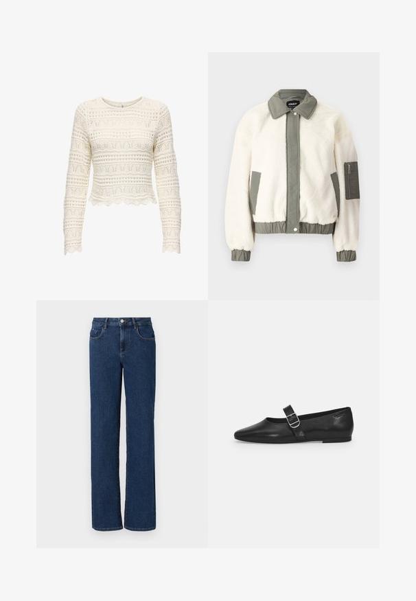 Veste en fausse fourrure de couleur crème avec une ceinture, un col et des poignets en tissu vert. Elle dispose d'une poche zippée sur le bras gauche.; Pull court à manches longues de couleur crème avec un design en tricot ouvert, présentant des motifs horizontaux et verticaux, et un ourlet festonné.; Jean en denim bleu foncé avec une coupe droite, cinq poches, une fermeture à bouton et à zip, et des coutures contrastées le long des coutures.; Chaussure plate en cuir noir avec un bout arrondi, une seule sangle réglable à boucle et une texture lisse et brillante. Design minimaliste avec un petit talon.