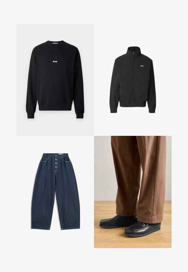 Veste noire zippée avec col haut, poignets et ceinture élastiques, avec un petit texte blanc "UNFAIR" sur la poitrine gauche.; Sweatshirt noir en coton mélangé, avec un col rond, des manches longues, des poignets côtelés et un logo MSGM blanc sur la poitrine.; Pantalons en denim bleu foncé à jambes larges avec une taille haute, fermeture à cinq boutons et cinq poches. Présente des accents de couture sur les coutures.; Chaussures en cuir noir au design mocassin avec des détails de couture, accompagnées de pantalons bruns, sur un sol en bois.