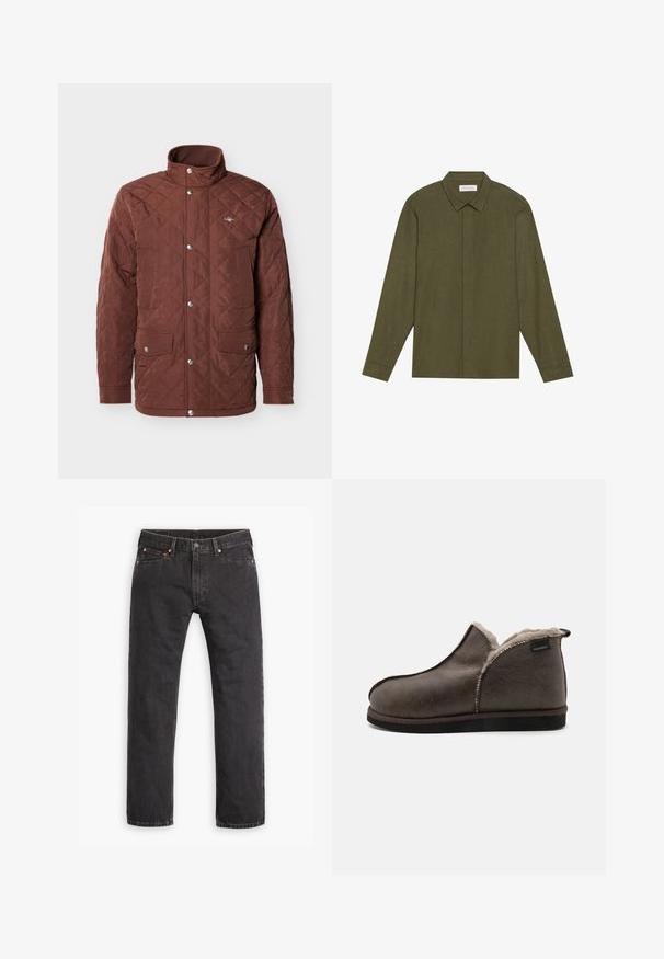 Veste marron matelassée avec un col montant, fermeture à boutons-pression et deux poches poitrine. Tissu lisse avec un motif en losanges et des accents argentés.; Chemise verte olive à manches longues, avec un col pointu, fermeture à boutons à l'avant et un tissu texturé. Design simple et droit sans motifs.; Jeans en denim noirs à jambes droites avec cinq poches, fermeture à bouton et rivets cuivrés, posés à plat sur un fond blanc.; Shepherd ANTON - Chaussons - stone oild antique