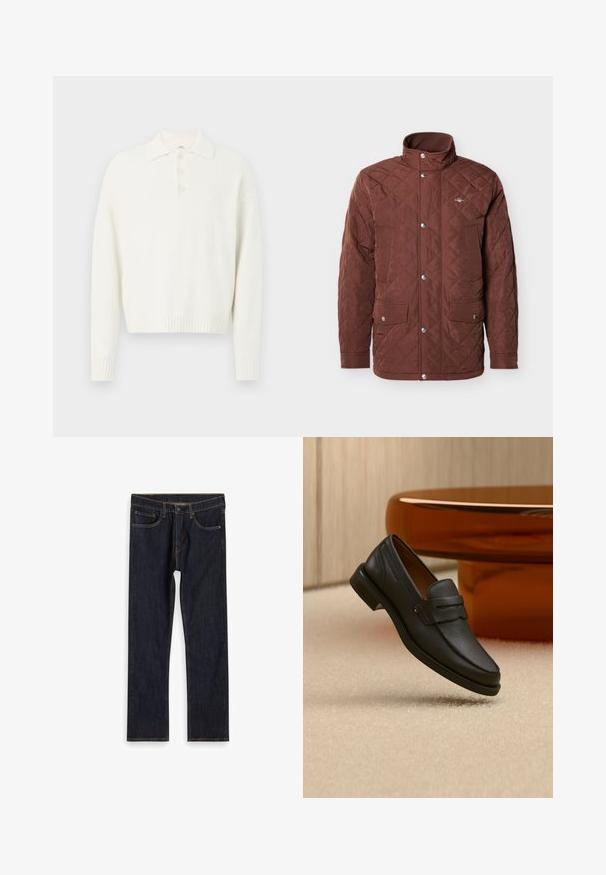 Brun quiltet jakke med høj krave, trykknapslukning og to brystlommer. Glat stof med diamantmønster og sølvdetaljer.; Hvid pullover sweater med krave, tre knapper foran og ribbede manchetter og kant. Blødt, struktureret stof med en afslappet pasform.; Mørkeblå lige ben denim jeans med forlommer, bæltestropper og kontrast orange syninger, lagt fladt på hvid baggrund.; Sort læder herreloafer med bånd tværs over toppen, vist på beige tæppe nær et brunt moderne rundt bord.