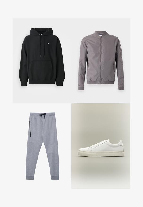 Grå bomberjakke lavet af glat stof. Har en lynlås foran, sidelommer og en lynlåslomme på armen. Ribbet manchetter og kant.; Sort Nike hoodie med frontlomme, snor i hætten, ribbede manchetter og lille hvid Nike swoosh-logo på brystet.; Grå sweatpants lavet af blødt stof med snor i taljen, tætsiddende ben og en sidelomme med lynlås til sikker opbevaring.; Hvid lavtop sneaker med snørebånd foran og tyk sål, vist fra siden mod en neutral baggrund.