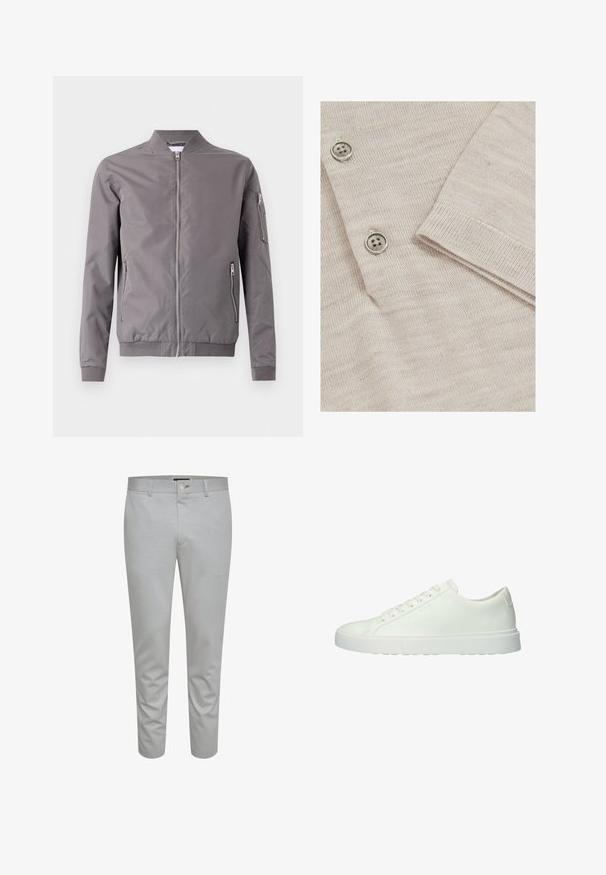 Chaqueta bomber gris hecha de tela suave. Cuenta con un cierre frontal, bolsillos laterales y un bolsillo con cremallera en el brazo. Puños y dobladillo acanalados.; Cardigan beige claro con una textura de punto fino. Presenta tres botones metálicos y puños acanalados para un acabado estructurado.; Pantalones ajustados de color gris claro con una textura suave, que cuentan con un cierre de botón, trabillas para cinturón y bolsillos frontales. Diseño recortado a la altura del tobillo.; Zapatillas de cuero blanco con un perfil bajo, puntera redonda, seis ojetes y una suela de goma texturizada, con un diseño minimalista y sin marcas visibles.