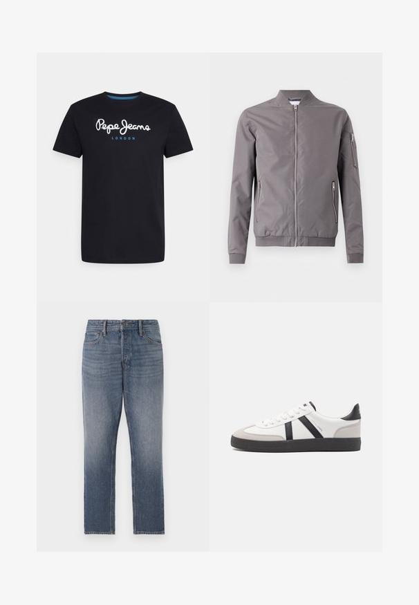 Chaqueta bomber gris hecha de tela suave. Cuenta con un cierre frontal, bolsillos laterales y un bolsillo con cremallera en el brazo. Puños y dobladillo acanalados.; Camiseta negra de algodón con un logo de guion en blanco "Pepe Jeans" con un acento azul, cuello redondo y mangas cortas. Diseño simple y sólido.; Jeans de mezclilla azul oscuro, diseño de pierna recta, con un lavado desgastado, cinco bolsillos y herrajes en tono cobre. Look limpio y clásico.; Zapatilla blanca con acentos en negro y gris, que presenta una puntera texturizada en gris, suela de goma negra y cordones planos blancos. Diseño limpio, estilo minimalista.