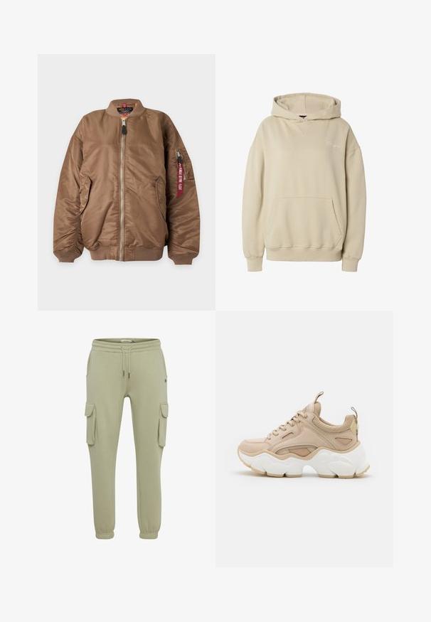 Bruine bomberjas met ritssluiting aan de voorkant, geribde boorden en kraag, zijzakken en een ritssluiting op de mouw met een rood label "Remove Before Flight".; Beige pullover hoodie met een voorzak in kangoerustijl, geribbelde manchetten en zoom, en subtiele geborduurde tekst op de linkerborst.; Lichtgroene cargobroeken van zacht stof, met zijzakken, elastische manchetten en een koordje in de taille voor een verstelbare pasvorm.; Beige sneaker met een combinatie van gladde en gestructureerde materialen, een chunky witte zool en mesh accenten voor ademend vermogen.
