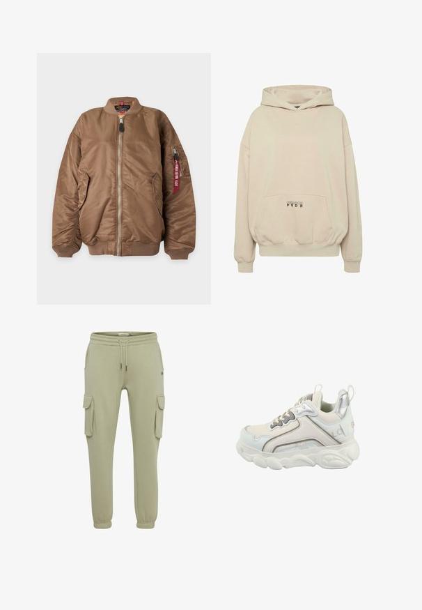 Veste bomber marron avec fermeture éclair à l'avant, poignets et col côtelés, poches latérales et poche zippée sur la manche avec étiquette rouge « Remove Before Flight ».; Sweat à capuche beige avec une poche avant, des poignets côtelés et une capuche à cordon. Texte "PECADOR PGDR" imprimé sur la zone de la poche.; Pantalons cargo en vert clair en tissu doux, avec poches latérales, poignets élastiqués et une taille à cordon pour un ajustement réglable.; Baskets blanches et argentées dotées d'une semelle épaisse, d'un dessus en matériaux mélangés et de coutures ornées. Comprend une bride d'enfilage au talon et un détail de marque.