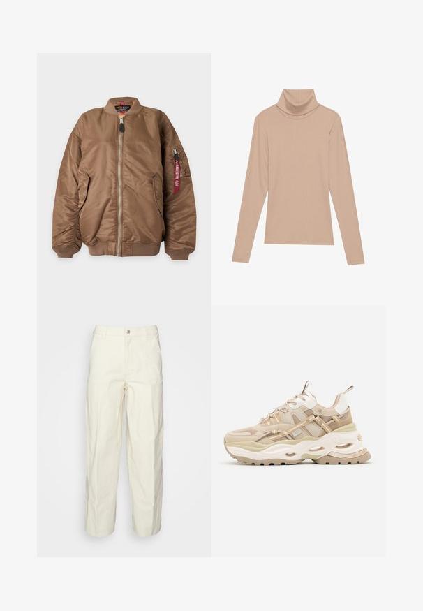 Veste bomber marron avec fermeture éclair à l'avant, poignets et col côtelés, poches latérales et poche zippée sur la manche avec étiquette rouge « Remove Before Flight ».; Haut col roulé à manches longues en vissage beige, présenté à plat sur un fond clair.; Pantalons utilitaires beige clair avec une coupe décontractée, fermeture à bouton et poches plaquées à l'avant. Fabriqués en tissu de coton durable.; Baskets beige et blanches épaisses avec une semelle épaisse, des panneaux en maille et en cuir, des découpes ovales dans la semelle intermédiaire, des languettes sur la languette et le talon.