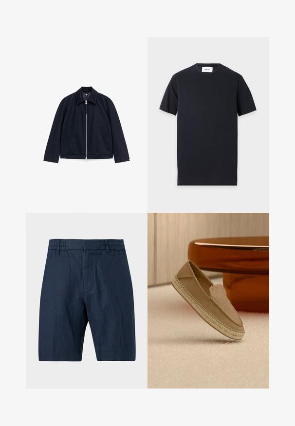 Veste marine zippée avec col, deux poches avant, manches longues, et boutons-pression aux poignets, posée à plat sur fond blanc.; T-shirt noir à manches courtes avec col rond et une étiquette blanche à l’intérieur du col sur un fond gris clair.; Shorts bleu marine longueur genou avec taille élastique et passants pour ceinture, en tissu texturé, présentés sur un fond uni.; Chaussure beige sans lacets avec tige texturée et semelle tissée, positionnée debout sur un sol recouvert de moquette claire à côté d'une table circulaire marron brillante.