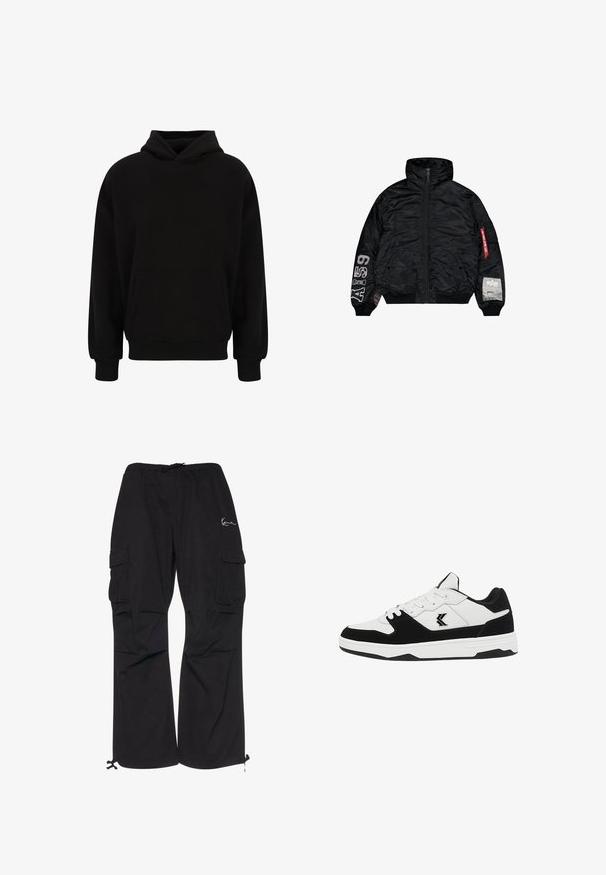 Zwarte bomberjack gemaakt van nylon, met een rits aan de voorkant, hoge kraag, elastische manchetten en een mouwpatch met logo en een rode ritsaccent.; Zwarte pullover hoodie met een voorzak, ribgebreide manchetten en zoom. Gemaakt van zachte stof; heeft een relaxed fit en een verstelbare capuchon.; Zwarte cargobroek van lichtgewicht stof, met een elastische tailleband met koord, zijzakken en verstelbare manchetten.; Zwart-witte sportschoenen met een gladde leren bovenkant, geperforeerde neus en een witte rubberen zool met een gestructureerd patroon.