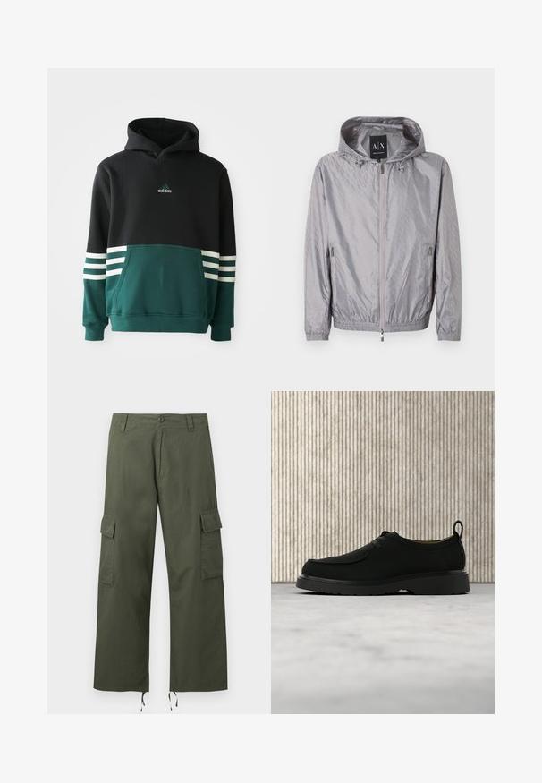 Svetlosivá mikina na zips s kapucňou, s jemným reliéfovaným vzorom, dvoma bočnými vreckami na zips, elastickými manžetami a štítkom Armani Exchange vo vnútri goliera.; Čierna a tmavozelená mikina Adidas s predným vreckom, tromi bielymi pruhmi na rukávoch a logom Adidas na hrudi.; Olivovo zelené cargo nohavice s bočnými vreckami na klopách, zapínaním na gombíky, pútkami na opasok a nastaviteľnými šnúrkami na širokých nohaviciach.; Čierna kožená neformálna obuv s šnúrkami, hrubou podrážkou a sťahovacou slučkou, umiestnená vo vzduchu nad béžovým kobercom s hnedým zaobleným nábytkom v pozadí.