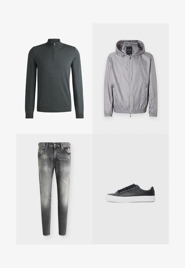 Veste à capuche zippée gris clair avec un motif en relief subtil, deux poches latérales zippées, des poignets élastiques, et une étiquette Armani Exchange à l'intérieur du col.; Pull en maille gris foncé avec un col zippé mi-hauteur, des poignets et un ourlet côtelés. Fabriqué à partir d'un tissu tricoté lisse avec une texture légère.; Jean denim gris slim fit avec des détails délavés et usés, fermeture avant à bouton et zip, et design à cinq poches.; Sneaker en cuir noir avec semelle en caoutchouc blanc, bout arrondi et lacets noirs, présentant une texture lisse et un design minimaliste.