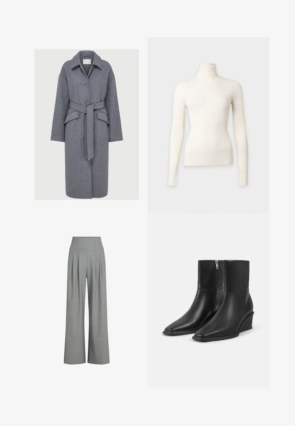 Manteau en mélange de laine grise avec un col, des boutons à l'avant, une taille ceinturée et des poches latérales. Présente une silhouette droite, arrivant aux genoux.; Pull à col roulé crème, en maille côtelée, manches longues, coupe ajustée et col haut sur fond uni.; Pantalons larges plissés gris avec une taille haute, fabriqués à partir d'un tissu texturé, présentant une finition lisse et des lignes épurées.; Paire de bottines en cuir noir avec bouts pointus, talons compensés et fermetures éclair latérales sur un fond clair uni.