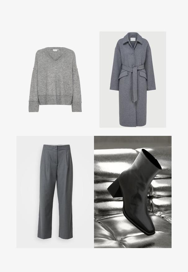 Abrigo de mezcla de lana gris con cuello tipo solapa, botones en el frente, cintura ceñida con cinturón y bolsillos laterales. Presenta una silueta recta de longitud hasta la rodilla.; Suéter gris de punto con escote en V, corte oversized, mangas anchas y puños acanalados. Textura suave; diseño sin costuras, sin patrones ni adornos.; Pantalones de tela gris ajustados con corte recto, que presentan una textura suave, pliegues en la parte delantera y bolsillos laterales. Sin herrajes ni acentos visibles.; Botín negro de tobillo hecho de material brillante, con punta cuadrada y tacón cónico, contra un fondo plateado brillante con almohadillado.