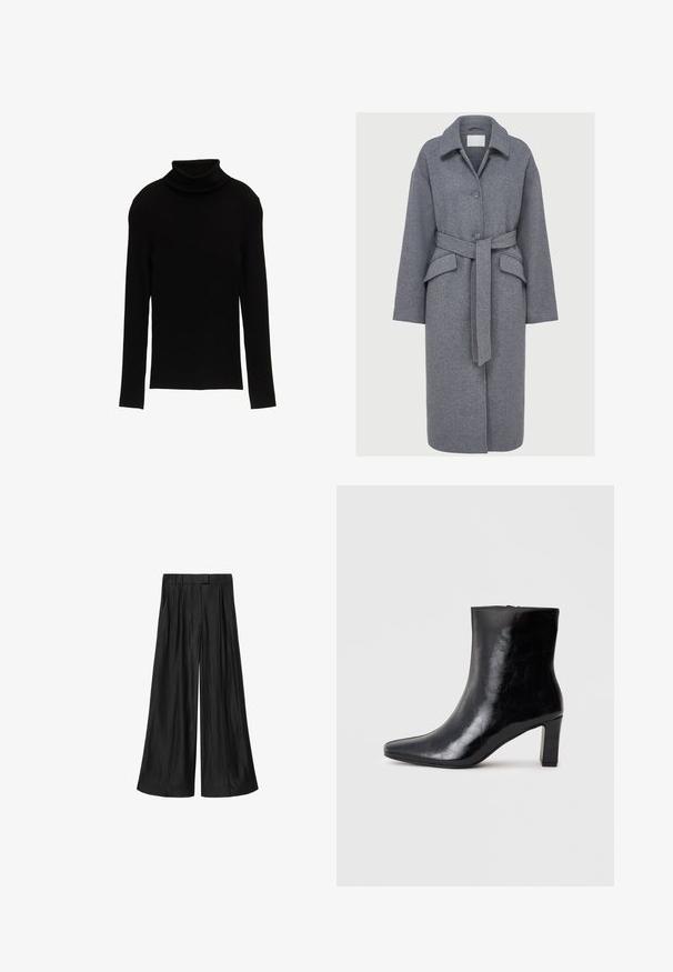 Abrigo de mezcla de lana gris con cuello tipo solapa, botones en el frente, cintura ceñida con cinturón y bolsillos laterales. Presenta una silueta recta de longitud hasta la rodilla.; Suéter negro de cuello alto con mangas largas y un diseño ajustado. La tela parece suave con una textura blanda y una silueta simple.; Pantalones negros de talle alto y pierna ancha con trabillas y pliegues delanteros, mostrados extendidos sobre un fondo blanco.; Botín negro de tobillo hecho de cuero brillante, con punta afilada y un tacón de bloque medio, con una textura suave y un diseño sencillo.