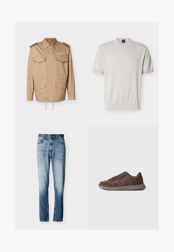 Beige arbejdsjakke med to brystlommer og to nederste lommer. Har en krave og knap-epauletter. Justerbar snøre i kanten.; Beige rundhalset sweater med korte ærmer, ribstrikket kant og manchetter, lille firkantet detalje på venstre bryst og mærket halslabel.; Blå falmede jeans med lige ben, fem lommer, knaplukning og bæltestropper, vist fladt på hvid baggrund.; Brune sneakers med en blanding af glatte og ruskind materialer, rund tå, tekstureret gummisål og kontrastfyldt sort hælkvotering.