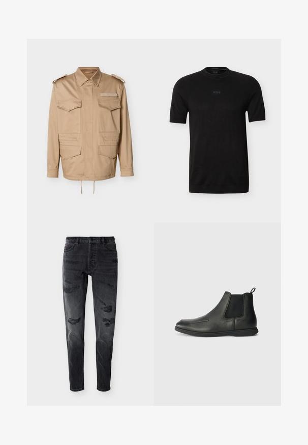 Beige Utility-Jacke mit zwei Brusttaschen und zwei unteren Taschen. Verfügt über einen Hemdkragen und Knopf-Schulterklappen. Verstellbarer Saum mit Kordelzug.; Schwarzes T-Shirt mit kurzen Ärmeln und Rundhalsausschnitt, mit dezentem "BOSS"-Logo in der Mitte der Brust, aus feinem Strickstoff gefertigt.; Schwarze, slim-fit Jeans mit Used-Look, vorne mit Knöpfen, Gürtelschlaufen und abgenutzten Stellen an Oberschenkeln und Knien vor weißem Hintergrund.; Schwarze Leder-Ankle-Boots mit glatter Textur, elastischen Seitenpanelen und einer Zuglasche auf der Rückseite. Rundspitze und Gummisohle.
