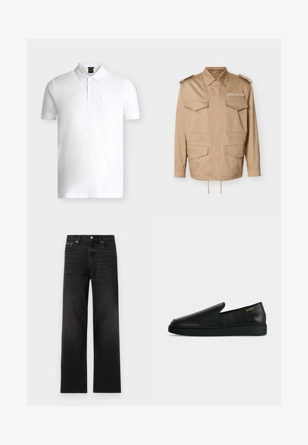 Veste utilitaire beige avec deux poches poitrine et deux poches basses. Caractérisée par un col à revers et des épaulettes à boutons. Ourlet avec cordon de serrage réglable.; Polo blanc à manches courtes avec col côtelé, patte de boutonnage à deux boutons et logo embossé discret sur la poitrine gauche.; Jean noir droit avec cinq poches, passants pour ceinture et fermeture par bouton, présenté sur un fond blanc.; Chaussure noire en cuir à enfiler avec semelle épaisse et marquage "HUGO" en or près du talon sur un fond uni gris clair.