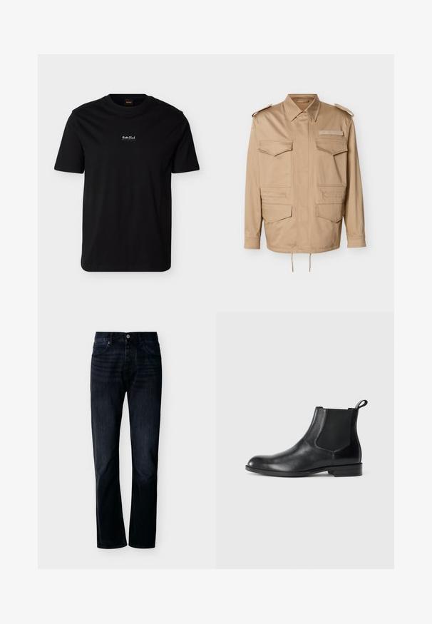 Veste utilitaire beige avec deux poches poitrine et deux poches basses. Caractérisée par un col à revers et des épaulettes à boutons. Ourlet avec cordon de serrage réglable.; T-shirt noir à manches courtes avec col rond, petit texte blanc "Boss Club" centré sur la poitrine et une étiquette orange "Boss" à l'intérieur du col.; Jean droit couleur indigo foncé avec fermeture avant à boutons et zip, passants pour ceinture et design à cinq poches, présenté sur un fond clair uni.; Bottine en cuir noir avec des panneaux latéraux élastiques, bout rond et tirette. Texture lisse, semelle plate, design minimaliste.