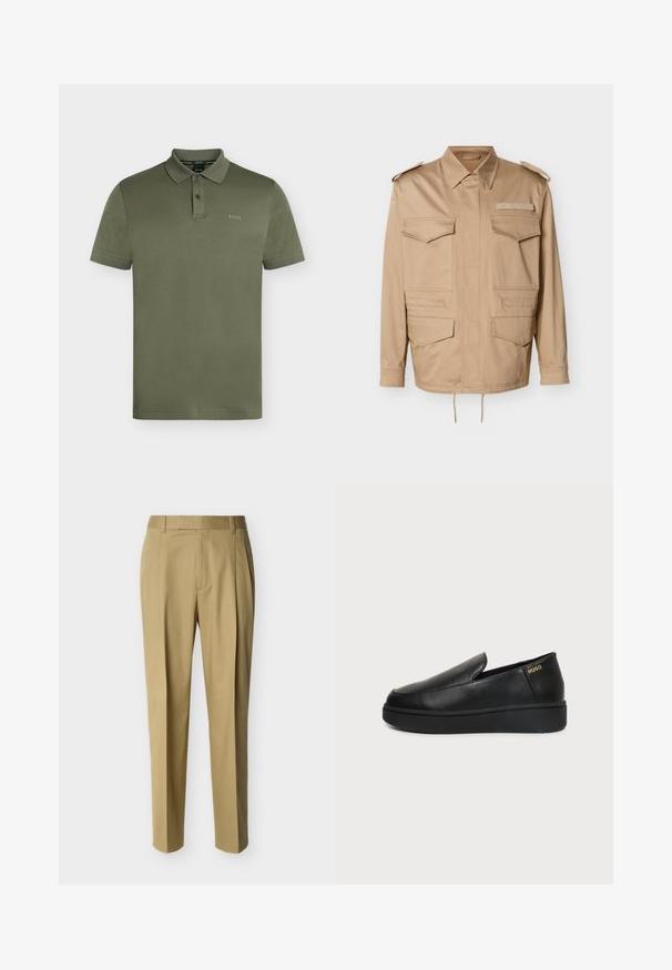 Veste utilitaire beige avec deux poches poitrine et deux poches basses. Caractérisée par un col à revers et des épaulettes à boutons. Ourlet avec cordon de serrage réglable.; Polo manches courtes vert olive avec patte à deux boutons et logo "BOSS" discret sur la poitrine gauche.; Pantalon beige ajusté avec passants de ceinture et pli frontal, présenté sur un fond clair uni.; Chaussure noire en cuir à enfiler avec semelle épaisse et petits trous de ventilation latéraux, avec un logo doré "HUGO" près du talon.