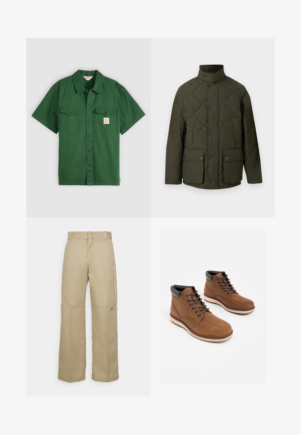 Groene doorgestikte jas met een hoge kraag, knopen aan de voorkant en twee grote klepzakken met drukknopen. De stof heeft een gladde textuur.; Korte mouwen groene katoenen shirt met knoopsluiting, twee borstzakken en een klein label op de linkse zak. Effen, geen patronen.; Beige wijde broek gemaakt van stevig materiaal, met een hoge taille, zichtbare stiksel en een klein logopatch aan de zijkant.; Bruine leren laarzen met een gladde textuur, een ronde neus, een gevoerde zwarte kraag en een contrasterende witte rubberen zool. Voorzien van bruine veters.