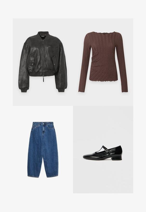 Chaqueta bomber de cuero negro con cierre de cremallera frontal, puños acanalados y dos bolsillos laterales. Presenta un pequeño bolsillo en el pecho y un diseño corto.; Top marrón de manga larga, con un patrón texturizado y ondulado, bordes festoneados y un diseño ajustado con detalles fruncidos a los lados.; Vaqueros de mezclilla azul con cintura alta, corte relajado y pierna recta. Diseño clásico de cinco bolsillos con cierre de cremallera y botón.; Zapatos Mary Jane de cuero negro con punta puntiaguda, tacón pequeño de bloque y correa ajustable con hebilla plateada. Textura lisa y brillante.