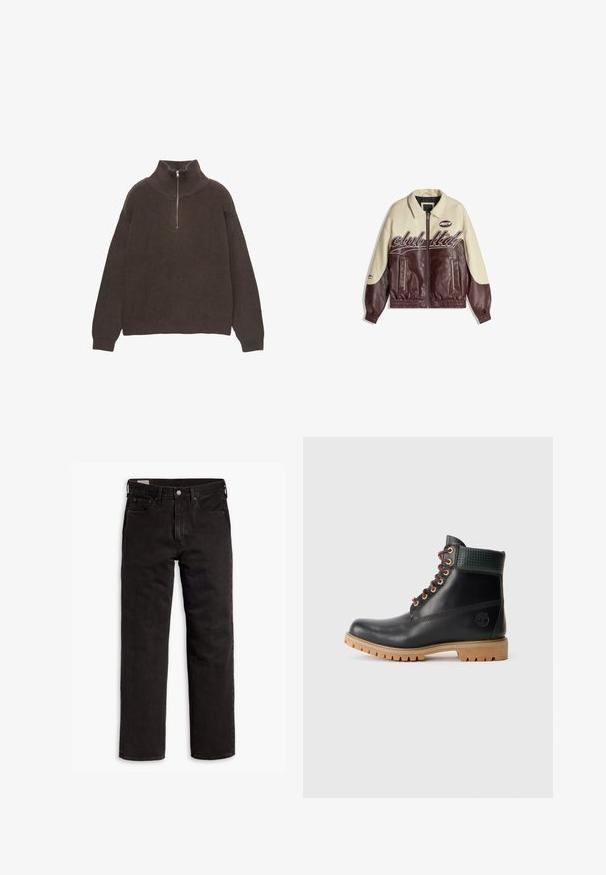 Tofarvet læderjakke med cremet krop og bordeaux ærmer, tekstlogo foran, lynlåslukning og elastiske manchetter og kant.; Brun strikket pullover med høj krave og halv lynlås. Har ribbet tekstur og dropped shoulders for en afslappet pasform.; Sorte lige bukser i denim med fem lommer, knaplukning og bæltestropper, lagt fladt ud på en hvid baggrund.; Sort læder ankelstøvle med brune snørebånd, polstret grøn krave og tan gummisål med dybe riller, set fra siden på hvid baggrund.