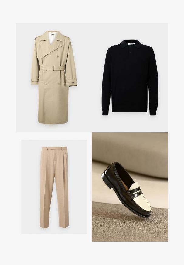 Beige dobbeltbrystet trenchcoat med brede revers, taljet med bælte, skulderepåletter og justerbare håndledsremme, hængende fladt mod hvid baggrund.; Sort langærmet polo skjorte lavet af blødt stof, med en spids krave, tre knapper og ribbede manchetter. Glat tekstur uden mønstre.; Beige skræddersyede bukser med frontplisser, bæltestropper og lige ben, vist mod en ensartet lys baggrund.; Sort læderloafer med en cremefarvet vamp og sorte accentstriber, som har en lav hæl og detaljeret syning langs kanterne.