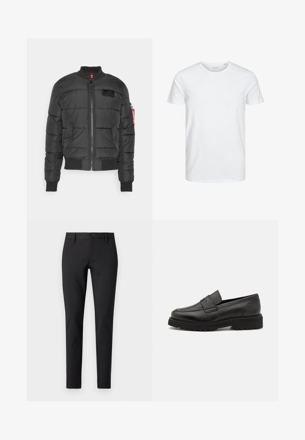 Veste bomber noire rembourrée, avec fermeture éclair à l'avant, poignets et ourlet côtelés, et un patch logo sur la poitrine. Tissu lisse avec une texture matelassée.; T-shirt à col rond à manches courtes de couleur blanche unie, fabriqué en coton doux, avec un design simple sans motifs ni accents visibles.; Pantalons à rayures noires avec une coupe plate, ajustée, dotés d'une fermeture boutonnée et de passants de ceinture, fabriqués dans un matériau textile lisse.; Mocassin en cuir noir avec un bout rond, des détails cousus, et une semelle épaisse et texturée. Présente un design élégant et minimaliste.