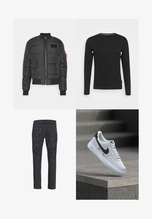 Schwarze gepolsterte Bomberjacke mit Reißverschluss vorne, gerippten Bündchen und Saum sowie einem Logopatch auf der Brust. Glattes Material mit gestepptem Muster.; Lindbergh O-NECK - Langarmshirt - black; Dunkelgraue Jeans mit geradem Bein, von hinten gezeigt, mit zwei Gesäßtaschen und Gürtelschlaufen am Bund.; Weißer Nike Air Force 1 Sneaker mit schwarzem Swoosh-Logo, der über einer Betonvorsprung mit unscharfen Treppen im Hintergrund schwebt.