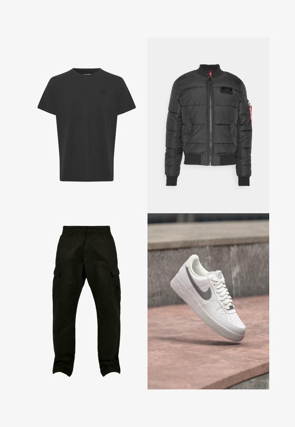 Veste bomber noire rembourrée, avec fermeture éclair à l'avant, poignets et ourlet côtelés, et un patch logo sur la poitrine. Tissu lisse avec une texture matelassée.; T-shirt noir à manches courtes en tissu coton. Présente un col rond et un petit logo dans le coin supérieur gauche, texture lisse.; Pantalons cargo en coton noir avec une coupe décontractée, dotés de poches latérales, de passants de ceinture et de jambes droites. Tissu texturé et couture renforcée.; Baskets blanches Nike Air Force 1 avec logo swoosh gris flottant au-dessus d'une surface en pierre et un mur en pierre gris en arrière-plan.