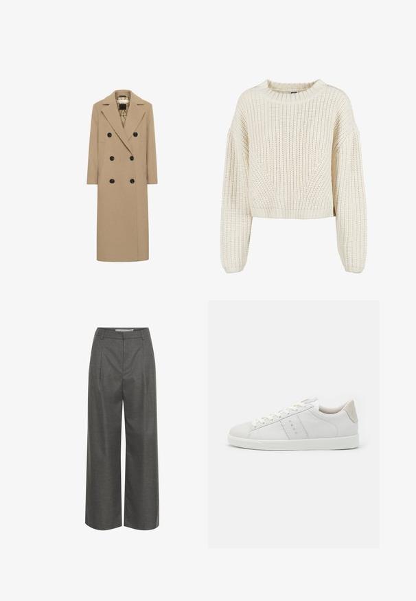 Béžový kabát z vlnenej zmesi s dvojakým zapínaním, s klopami, čiernymi gombíkmi a bočnými vreckami. Priamy strih a stredná dĺžka. Podšívka.; Béžový pletený sveter s okrúhlym výstrihom, širokými rukávmi, rebrovanými manžetami a textúrovaným vzorom. Krátky strih.; Šedé široké nohavice vyrobené z textúrovanej tkaniny, ktoré majú vysoký pás a predné záhyby, bez viditeľných vreciek alebo kovových detailov.; Biele kožené tenisky s hladkým povrchom, okrúhlou špičkou, plochými šnúrkami a béžovým koženým pätkovým panelom. Textúrovaný interiér a minimalistický dizajn.