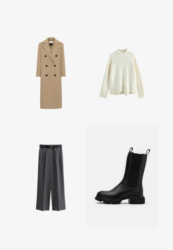 Beige uldblanding dobbeltbrystet frakke med notch revers, sorte knapper og sidelommer. Lige snit og mellemlang design. Foret indeni.; Cremefarvet sweater med ribbet høj hals, lange ærmer og en afslappet pasform. Struktureret strikstof og ribbestykke detalje i bunden.; Grå brede bukser lavet af struktureret stof, med et sort bælte med en kvadratisk spænde og frontfolder. Lomme med enkel design er inkluderet.; Sort læder ankelstøvle med elastiske sidepaneler, chunky gummisål og trækstropper. Inkluderer diskret branding præget på siden.