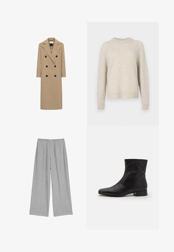 Beige uldblanding dobbeltbrystet frakke med notch revers, sorte knapper og sidelommer. Lige snit og mellemlang design. Foret indeni.; Beige striktrøje med rund hals, raglanærmer og ribbet kant. Blød tekstur med en let løs pasform og minimal mønster.; Lys grå bredbenede bukser med en plisseret front, der har en glat tekstur og en diskret sidelukning med lynlås.; Sort læder ankelstøvle med spids tå, glat tekstur, minimalistisk design og en lav blokhæl. Sidelukning går op til anklen.