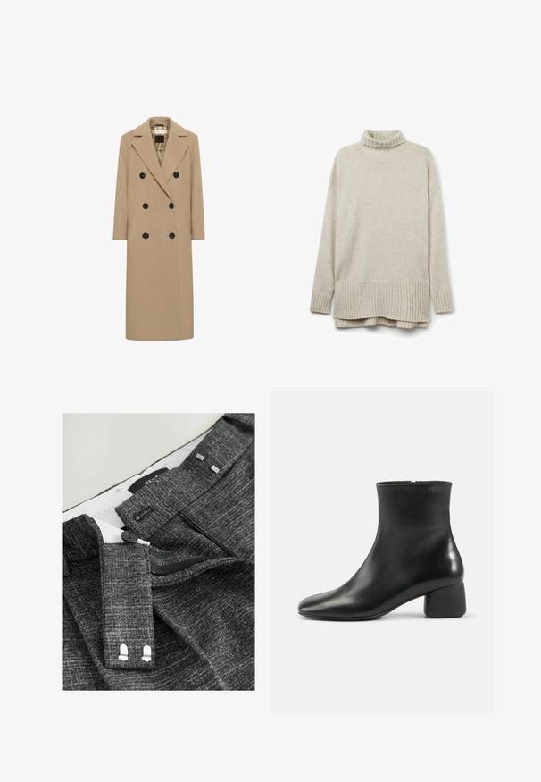 Beige uldblanding dobbeltbrystet frakke med notch revers, sorte knapper og sidelommer. Lige snit og mellemlang design. Foret indeni.; Beige striktrøje med ribbet turtleneck, lange ærmer og en nederkant med diagonal ribning. Blød tekstur og afslappet pasform.; Grå teksturerede bukser har en knaplukning, lynlås og stofbæltestropper, med en hvid indvendig foring og markante stikninger.; Sort læderankelstøvle med afrundet firkantet tå, sidelås og chunky lav hæl på ensfarvet lys baggrund.