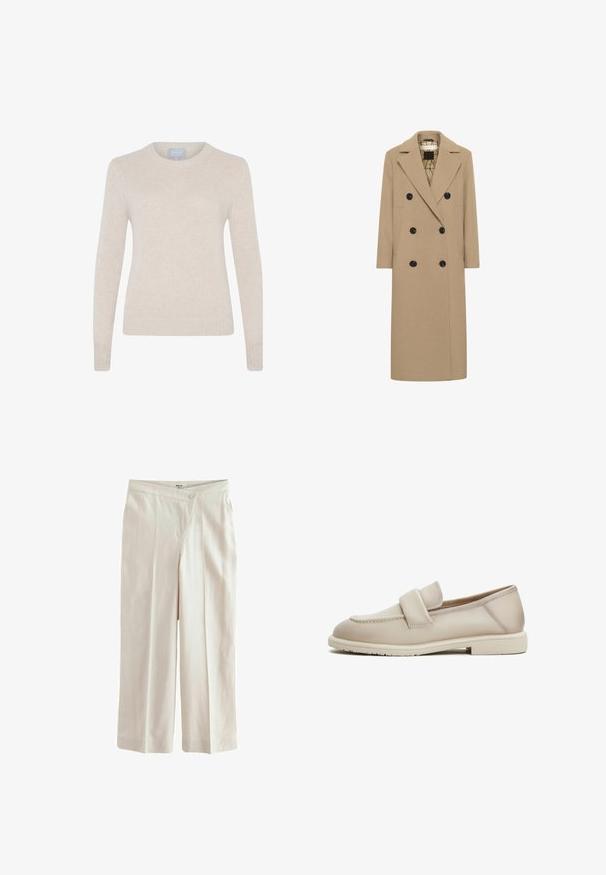 Beige wollen blend dubbelzijdige jas met notch-lapels, zwarte knopen en zijzakken. Rechte snit en middellange uitstraling. Gevoerde binnenkant.; Style Republic Trui - sand; Next ASYMETRIC WAITBAND TAILORED WIDE LEG - Broek - neutral; Beige leren loafers met een gladde textuur, met een verhoogde band over de bovenkant en een lage, platte rubberen zool.