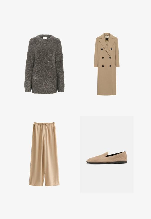 Beige uldblanding dobbeltbrystet frakke med notch revers, sorte knapper og sidelommer. Lige snit og mellemlang design. Foret indeni.; Grå, tekstureret sweater med rund halsudskæring, lange ærmer og løs pasform. Lavet af et blødt, fnugget materiale, der har et enkelt design.; Nudemalet bukser med vide ben lavet af blødt, let stof, med elastik i taljen og snor samt en afslappet pasform.; Beige ruskind slip-on loafer med sort sål, lav hæl og rund tå, vist fra siden på hvid baggrund.