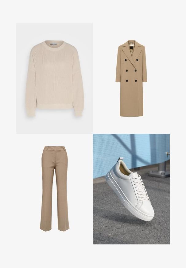 Manteau double boutonnage en mélange de laine beige avec des revers en pointe, boutons noirs et poches latérales. Coupe droite et design mi-long. Intérieur doublé.; Anna Field by Zalando Pullover - grey; Pantalon beige à jambes droites avec passants pour ceinture et fermeture éclair devant, présenté sur fond blanc.; Baskets blanches en cuir avec des lacets plats, bout rond, semelle en caoutchouc et une petite languette au talon. Texture lisse avec des détails de design minimalistes.