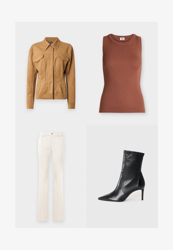 Braune Kunstwildlederjacke mit einem Kragen, zwei Brusttaschen und Nahtdetails. Mit langen Ärmeln und einer taillierten Silhouette.; Braunes ärmelloses, eng anliegendes geripptes Tanktop mit rundem Ausschnitt und Markenlabel innen im Kragen.; Weiße gerade geschnittene Jeans mit Knopf und Taschen, vor einem schlichten weißen Hintergrund präsentiert.; Schwarze Stiefeletten aus glattem Leder, mit einer spitzen Zehe, schmalem Schaft und schlanker, hoher Ferse. Minimalistisches Design ohne sichtbare Beschläge.