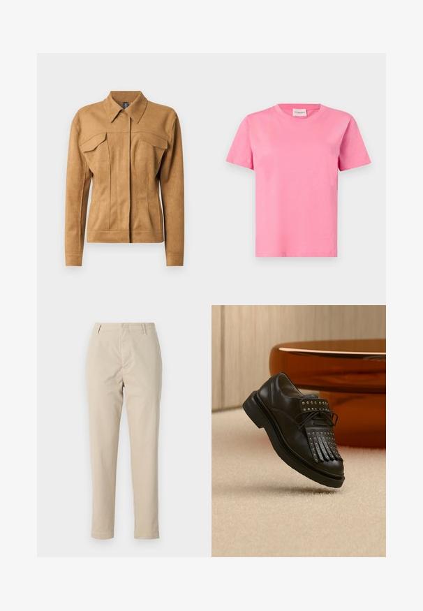 Veste en suédine marron avec col, deux poches poitrine et coutures décoratives. Comprend des manches longues et une silhouette ajustée.; T-shirt en coton rose avec un col rond classique et des manches courtes. Texture lisse, coupe droite, design minimaliste sans motifs ni accents.; Pantalons en coton beige à coupe droite, avec passants de ceinture et fermeture éclair. Le tissu a une texture lisse et aucune motif ou accent visible.; Chaussure en cuir noire à lacets avec franges décoratives et clous métalliques posée sur un tapis beige près d'un meuble marron.