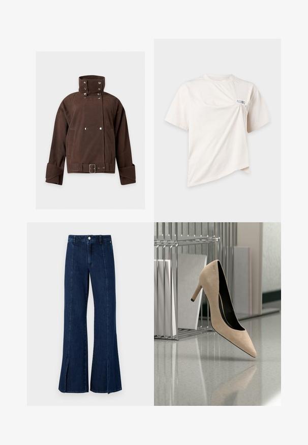 Donkerbruine suède jas met hoge drukknoopkraag, brede mouwen, voorste riem met gesp en twee zijzakken op een lichte achtergrond.; Off-white T-shirt met korte mouwen, een gedraaid voorpand en een klein rechthoekig label bij de linkerschouder.; Wijdvallende denim jeans in donkerblauw, met een hoge taille, een split aan de zoom en een klassieke vijf-pocket ontwerpen met metalen knoopsluiting.; Beige suède hoge hak schoen zweeft boven een reflecterend oppervlak met metalen ordners en documenten op de achtergrond.