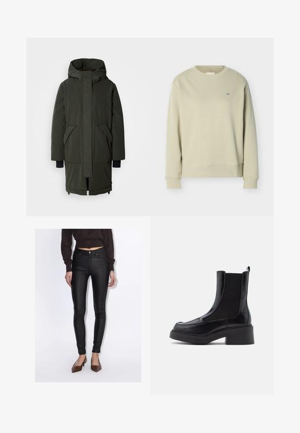 Mos Mosh BORA COAT - Talvitakki - rosin; Vaaleanbeige, pyöreäkauluksinen collegepaita, jossa on pitkät hihat ja vasemmassa rinnassa pieni kirjailtu logo, esillä valkoisella taustalla.; Nainen pukeutunut mustiin korkeavyötäröisiin kapeisiin housuihin, lyhyeen tummanruskeaan nappipaitaan ja ruskeisiin kärkiosastaan teräviin korkokenkiin.; Mustat Chelsea-kengät paksulla korolla, joissa on kiiltävä nahka päällinen ja joustavat sivupaneelit helppoa pukeutumista varten. Vahva kumipohja.