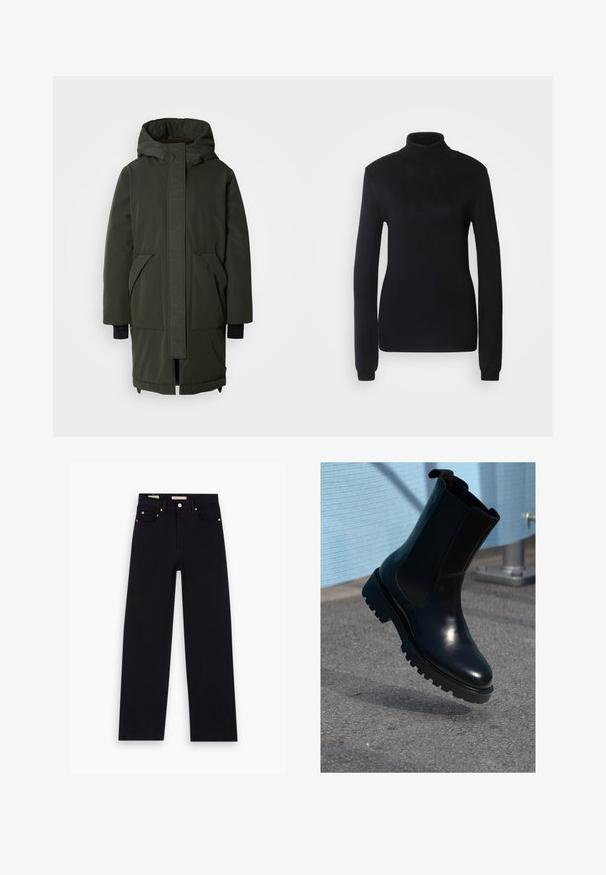 Mos Mosh BORA COAT - Vinterfrakke - rosin; Sort turtleneck sweater lavet af et blødt strikstof, med lange ærmer og en tætsiddende silhuet, der har ribbet krave og kant.; Sorte denim jeans med lige pasform, fem lommer, kobberdetaljer og en glat tekstur. To mærker synlige på taljebåndet.; Sort ankelstøvle i læder med elastiske sidepaneler, rund tå og en tyk, tekstureret sål. Glat finish med et minimalistisk design.