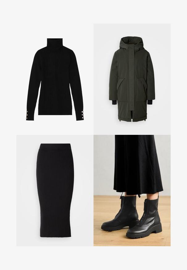 Mos Mosh BORA COAT - Vinterfrakke - rosin; Sort turtleneck sweater med ribbet tekstur. Har tætsiddende lange ærmer med tre sølvknapper ved hver manchet.; Sort ribstrikket blyantskirt med elastisk taljebånd, der har en kropsnær silhuet og lodrette ribdetaljer over det hele.; Sorte læder ankelstøvler med en kraftig platformsål og en frontlynlås. Glat tekstur med et minimalistisk design.