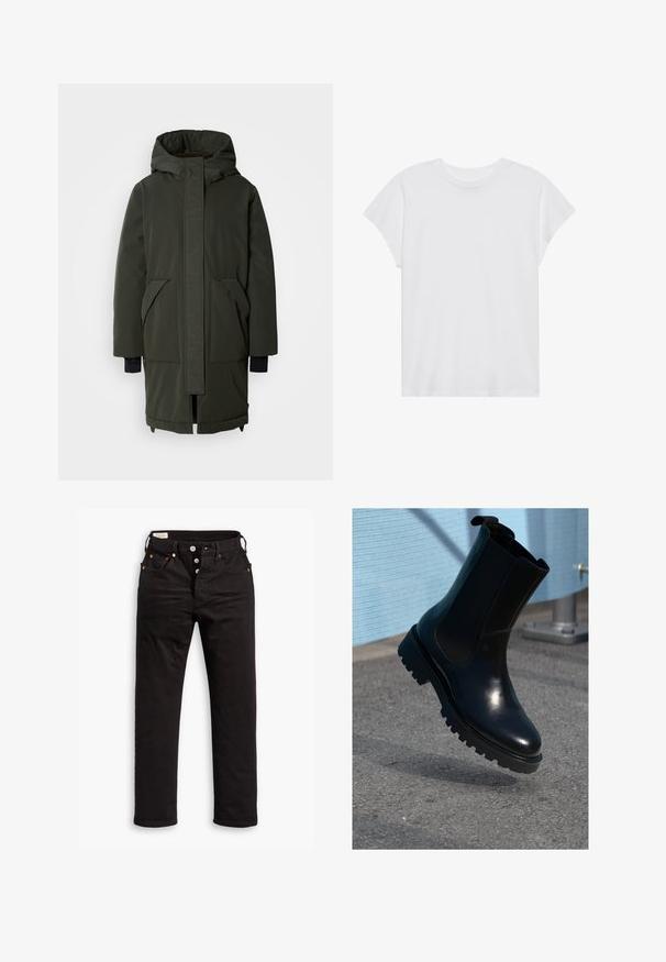 Mos Mosh BORA COAT - Wintermantel - rosin; Weißes kurzärmliges T-Shirt mit Rundhalsausschnitt, lockerer Passform, aus weichem Baumwollstoff. Glatte Textur, keine Muster oder Logos.; Schwarze Straight-Leg-Jeans mit Knopfverschluss, Vorder- und Gesäßtaschen sowie Kupfennieten auf einem weißen Hintergrund.; Schwarzer Leder-Stiefelette mit elastischen Seitenteilen, rundlicher Spitze und einer dicken, strukturierten Sohle. Glatte Oberfläche mit minimalistischem Design.