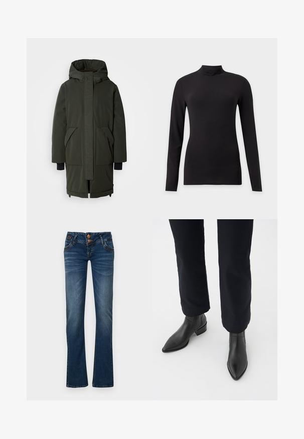 Mos Mosh BORA COAT - Χειμωνιάτικο παλτό - rosin; Μαύρο εφαρμοστό τοπ με μακριά μανίκια και ψηλό γιακά, εμφανίζεται σε απλό ανοιχτό γκρι φόντο.; Σκούρα μπλε τζιν μπότες σε στυλ bootcut με δύο μπροστινά κουμπιά, πέντε τσέπες και διακριτική φθορά στους μηρούς και τα γόνατα.; Μαύρες δερμάτινες μπότες μέχρι τον αστράγαλο με αιχμηρή μύτη, χοντρό τακούνι και υφασμάτινες πλευρικές πάνελ, φορεμένες με σκούρους παντελόνες σε λευκό φόντο.